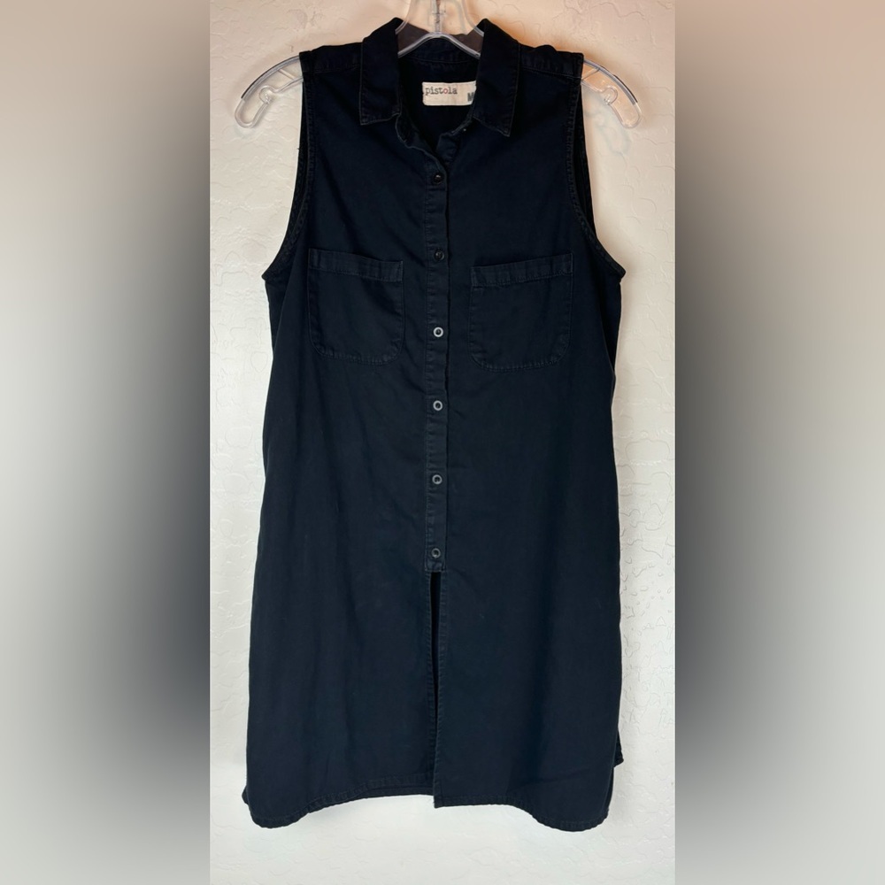 Pistola Black Sleeveless Button Down Shirt Dress Mini Tunic M 0305 - Picture 1 of 7
